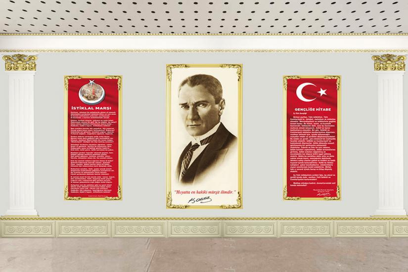 Atatürk köşesi, ışıklı atatürk köşesi, ilkokul atatürk köşesi, okul atatürk köşesi, pleksi atatürk köşesi, metal atatürk köşesi, milli levha, üçlü milli levha, ortaokul atatürk köşesi, atatürk panosu,