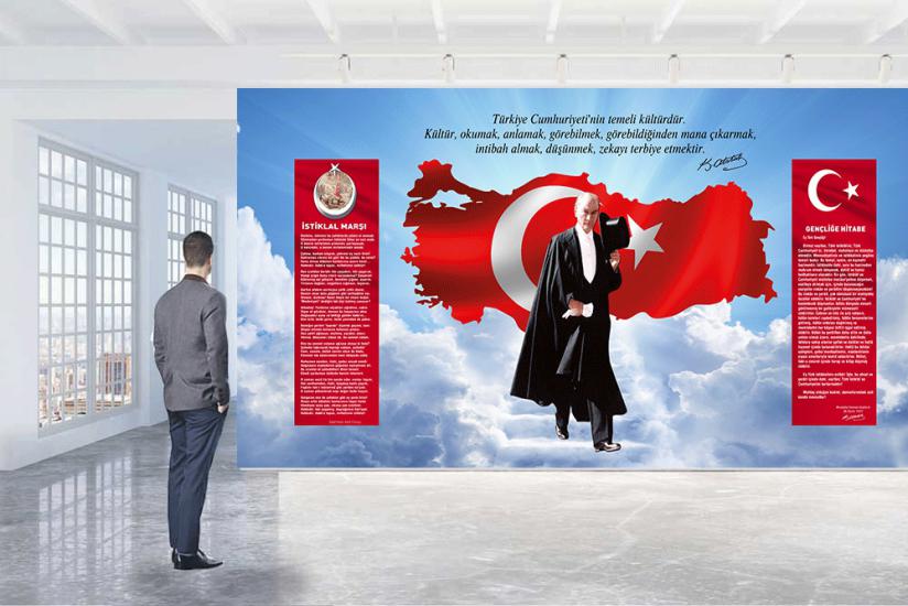 Atatürk köşesi, ışıklı atatürk köşesi, ilkokul atatürk köşesi, anaokul atatürk köşesi, okul atatürk köşesi, metal atatürk köşesi, atatürk köşesi duvar giydirme, pleksi atatürk köşesi, 3d atatürk köşes